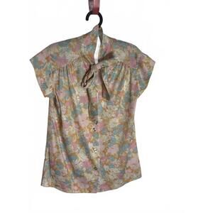 Vintage 70s SS Floral Tie Neck Blouse